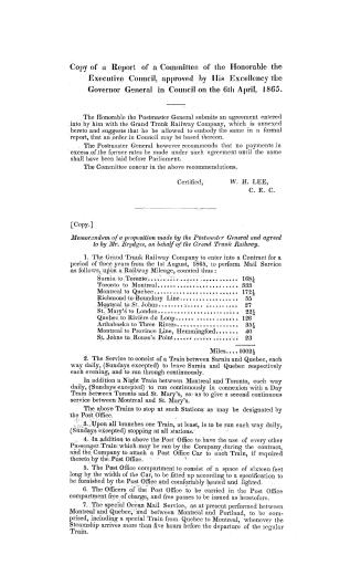 Copy of a report of a committee of the honorable the Executive council, approved by His Excellency the Governor General in council on the 6th April, 1865