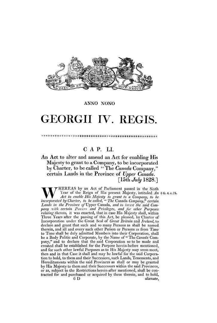 An act to alter and amend an act for enabling His Majesty to grant to a company to be incorporated by charter, to be called ''The Canada company'', ce(...)