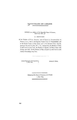 Newfoundland and Labrador, return to an address of the honourable House of commons, dated 6 June, 1828, for a return of the number of civil actions, a(...)