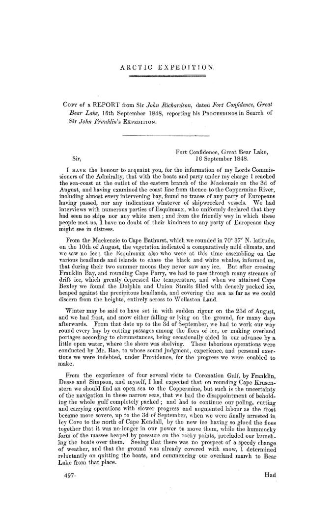 Arctic expedition : copy of a report from Sir John Richardson, dated Fort Confidence, Great Bear Lake, 16th September 1848, reporting his proceedings in search of Sir John Franklin's expedition