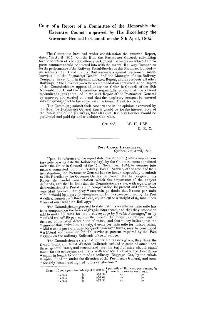 Copy of a report of a committee of the honorable the Executive council, approved by His Excellency the Governor General in council on the 8th April, 1865