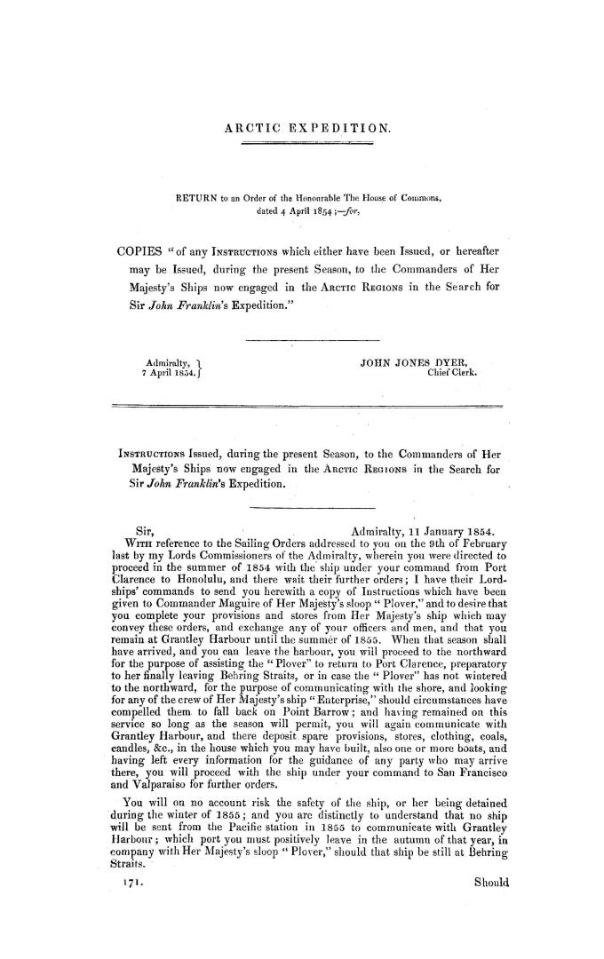 Arctic expedition. Return to an order of the Honourable the House of Commons, dated 4 April 1854, - for, copies ''of any instructions which either hav(...)