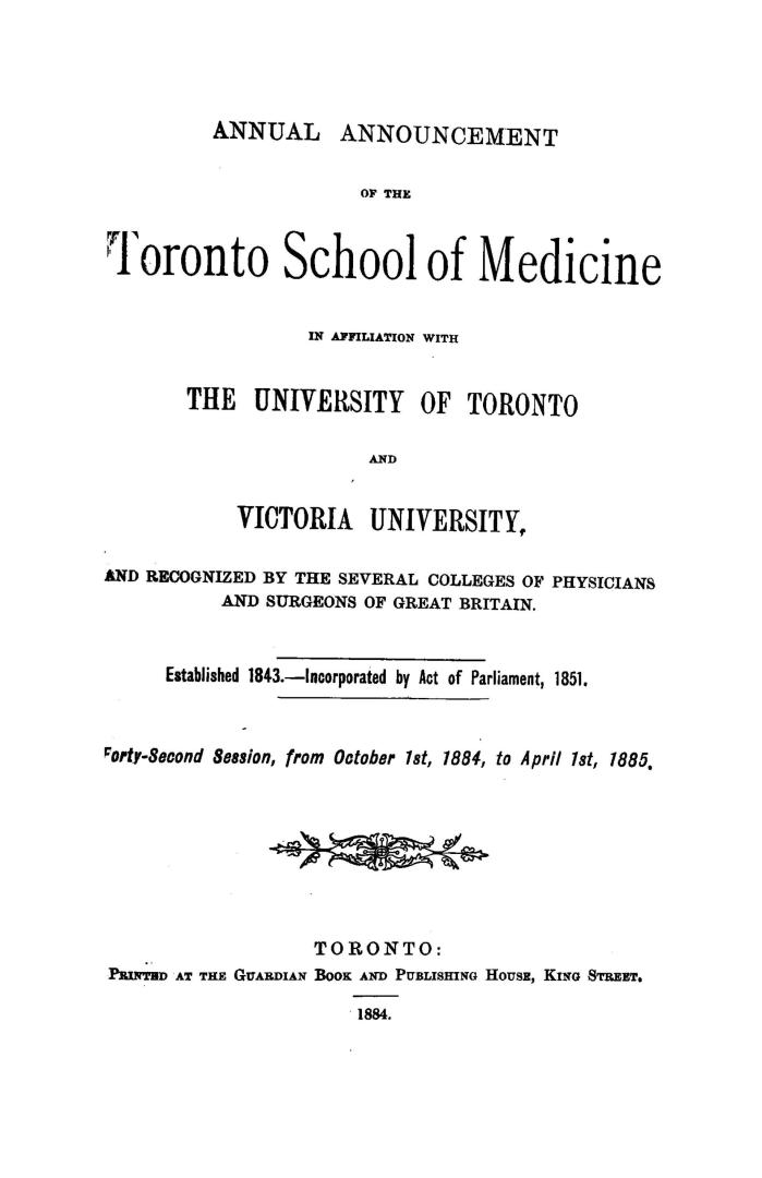 Annual announcement of the Toronto School of Medicine in affiliation with the University of Toronto