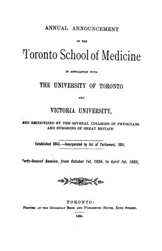 Annual announcement of the Toronto School of Medicine in affiliation with the University of Toronto