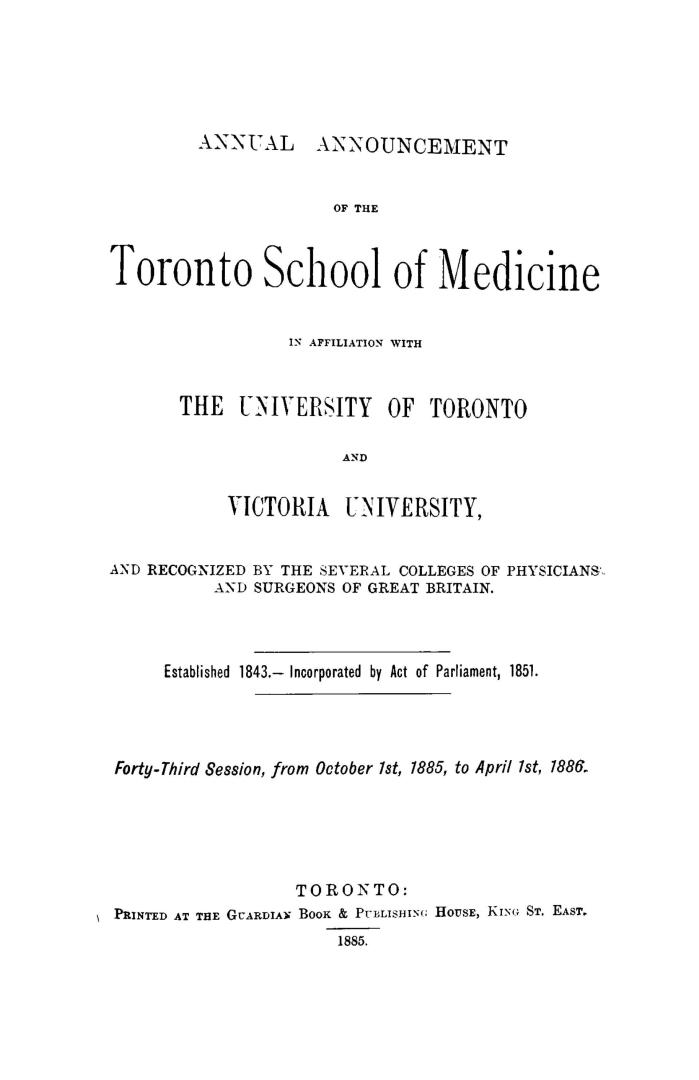 Annual announcement of the Toronto School of Medicine in affiliation with the University of Toronto