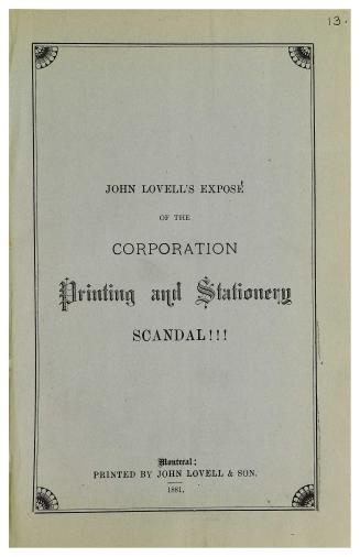 Statement of the tenders for the printing and stationery required by the corporation of the city of Montreal for six years, John Lovell's exposé of th(...)