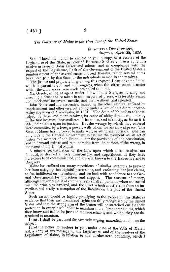 Message from the President of the United States, transmitting a communication from the Governor of Maine in relation to the northeastern boundary, and(...)