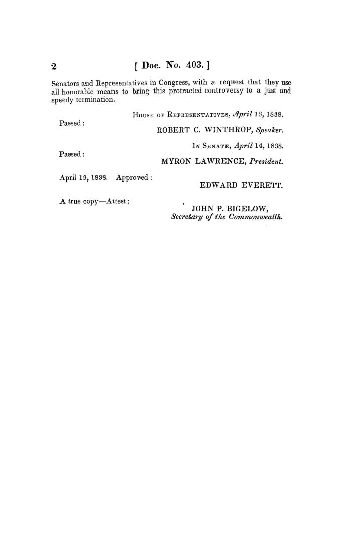 Massachusetts legislature, northeastern boundary, resolutions of the legislature of Massachusetts concerning the northeastern boundary May 21, 1838