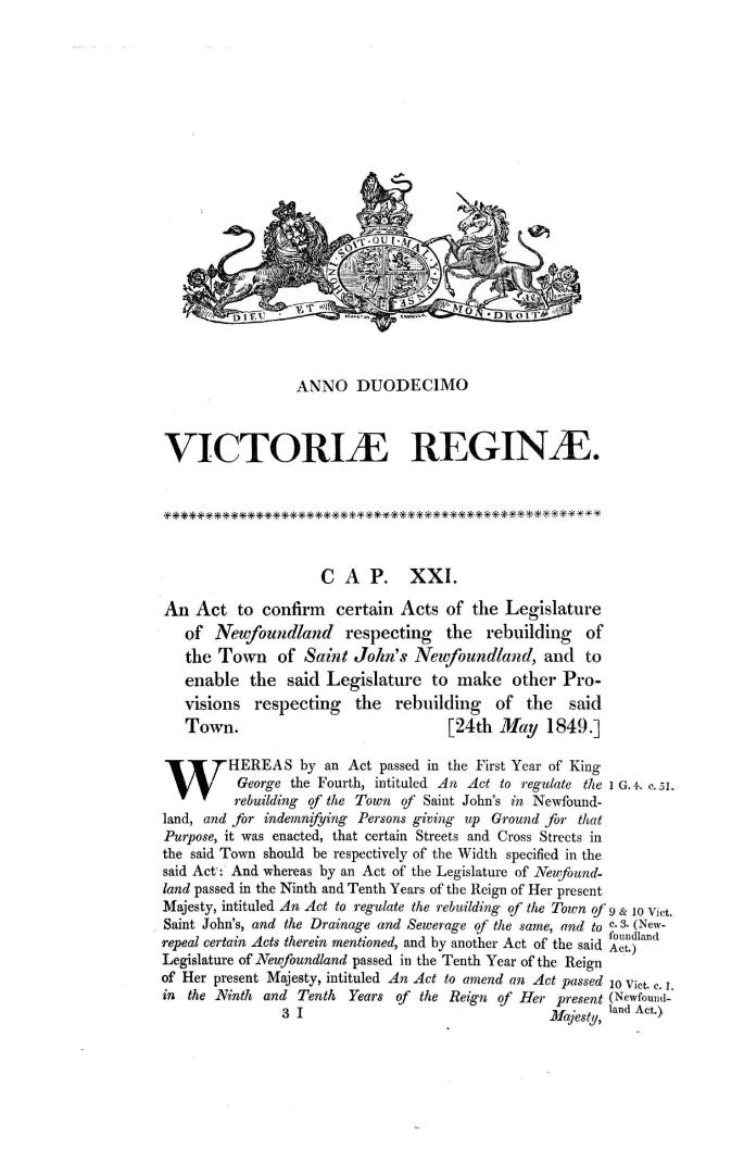 An act to confirm certain acts of the legislature of Newfoundland respecting the rebuilding of the town of St