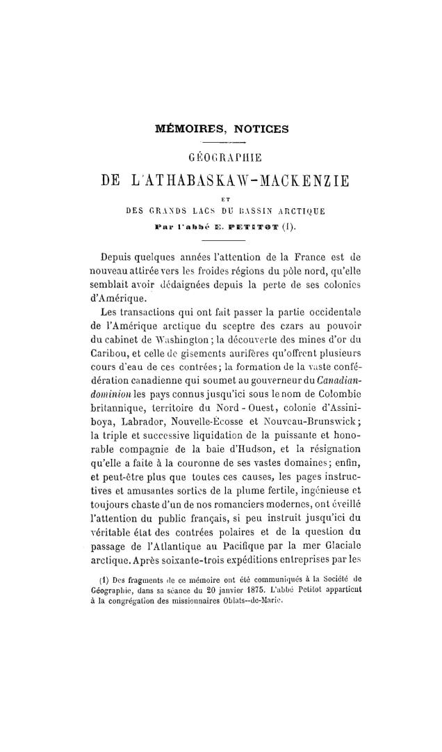 Mémoires, notices : géographie de l'Athabaskaw-Mackenzie et des grands lacs du bassin arctique