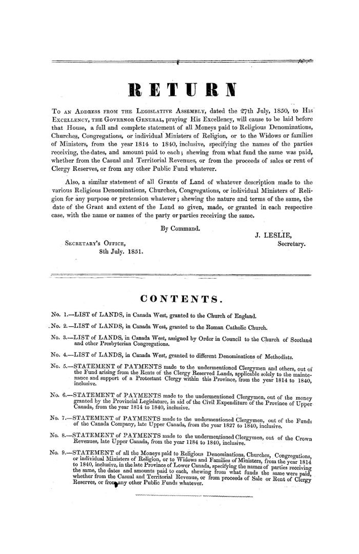 Return to an Address from the Legislative assembly, containing a full and complete statement of all moneys paid and lands granted to religious denomin(...)