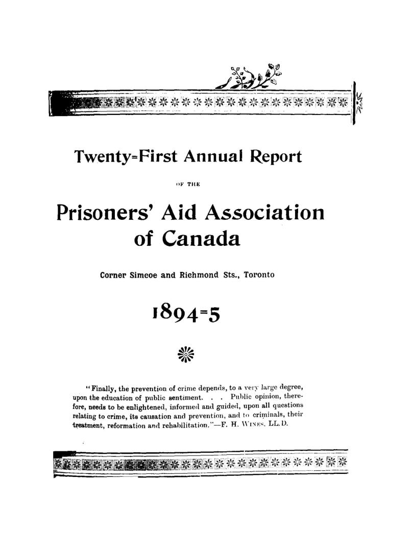 Annual report of the Prisoners' Aid Association of Canada for the year