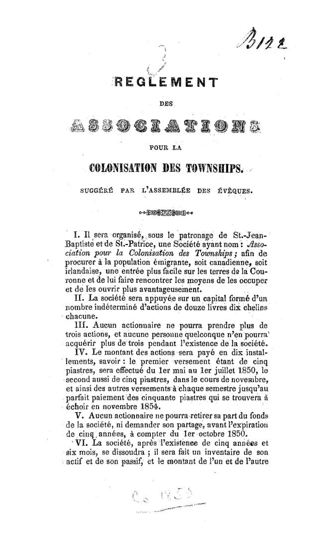 Reglement des associations pour la colonisation des townships