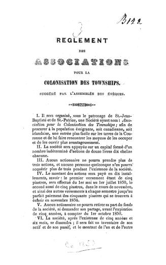 Reglement des associations pour la colonisation des townships