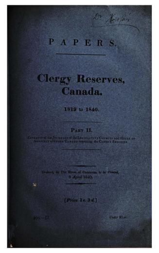 Copies or extracts of correspondence respecting the clergy reserves in Canada : 1819 to 1840