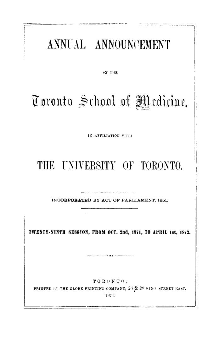 Annual announcement of the Toronto School of Medicine in affiliation with the University of Toronto