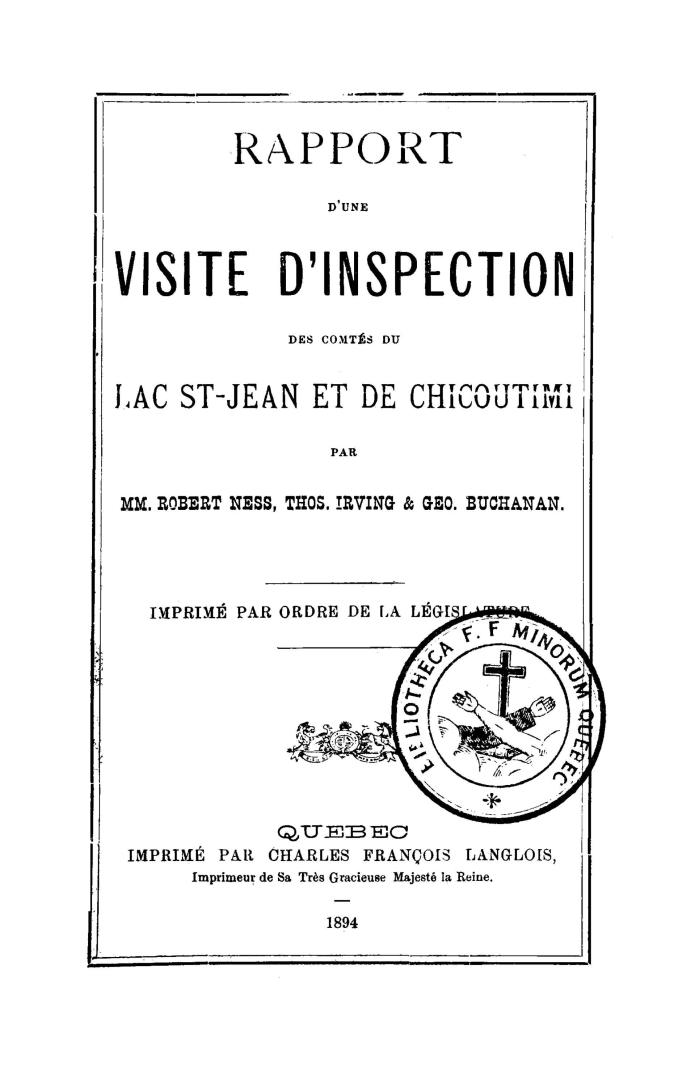 Rapport d'une visite d'inspection des comtés du Lac St