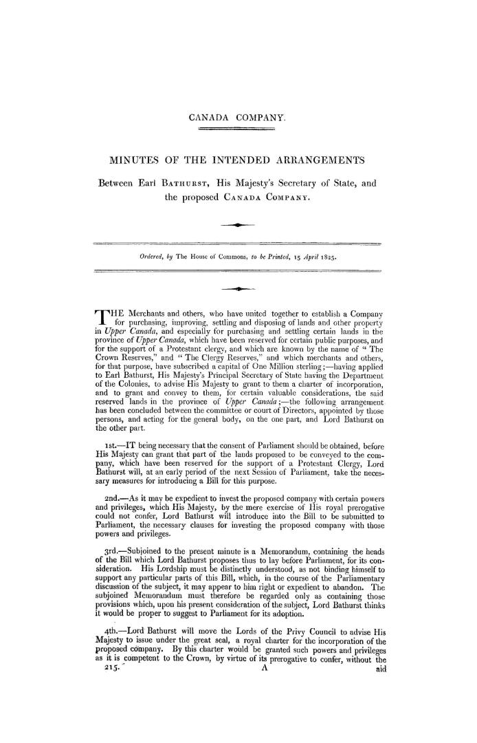 Canada Company. Minutes of the intended arrangements between Earl Bathurst, His Majesty's Secretary of State, and the proposed Canada Company. Ordered(...)