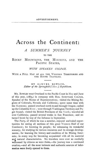 Across the continent: a summer's journey to the Rocky Mountains, the Mormons, and the Pacific states, with Speaker Colfax.