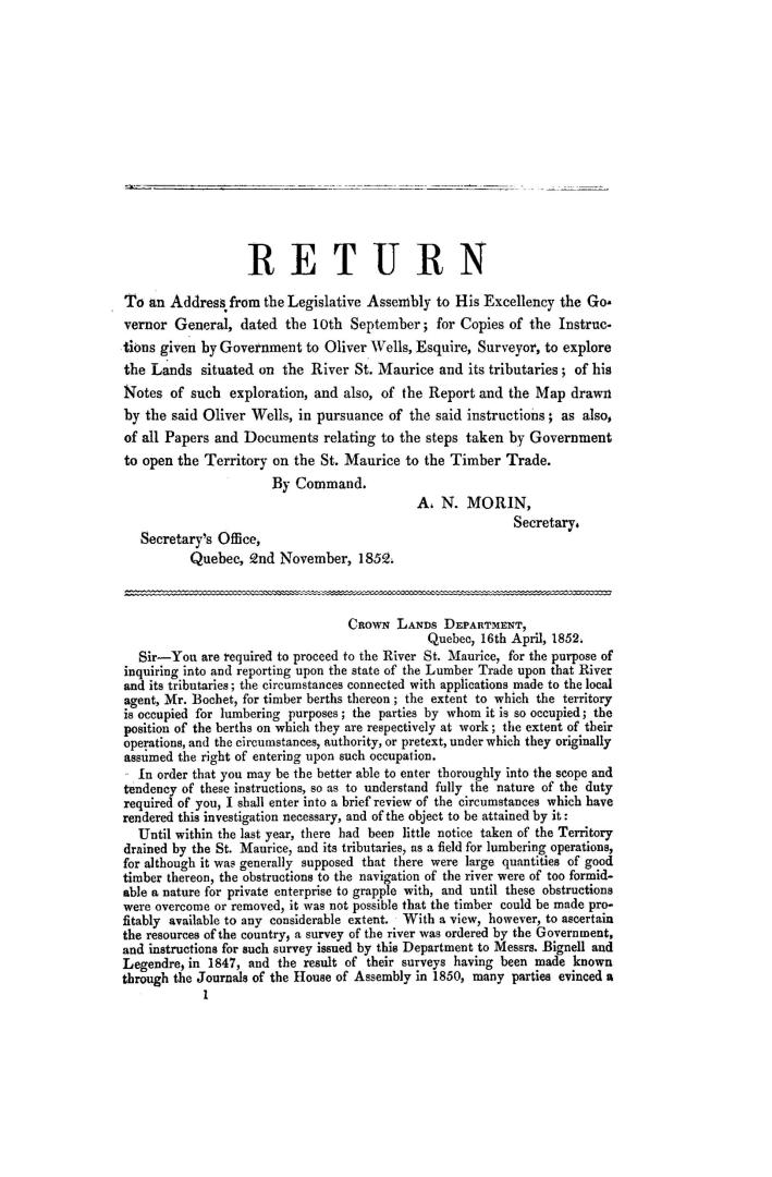 Return to an address from the Legislative Assembly for copies of instructions to Oliver Wells, Esquire, Surveyor,