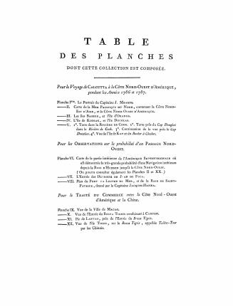 Collection de cartes géographiques, vues, marines, plans et portraits, relatifs aux voyages du capitaine J. Meares. Traduit de l'anglois, par J.B.L.J. Billecocq, citoyen français ; Précédée d'une table indicative de la correspondance des planches avec les diverses parties de l'ouvrage