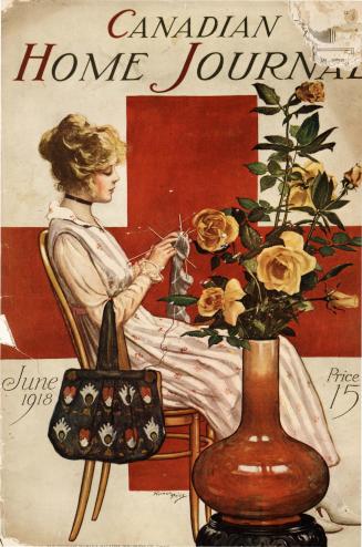 Magazine cover: The background is a red cross on a white field. In the midground, a young woman…