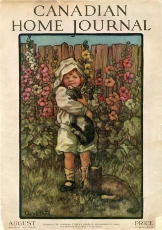 Magazine cover: A watercolour illustration of a young child in short pants, a bonnet and mary-j…