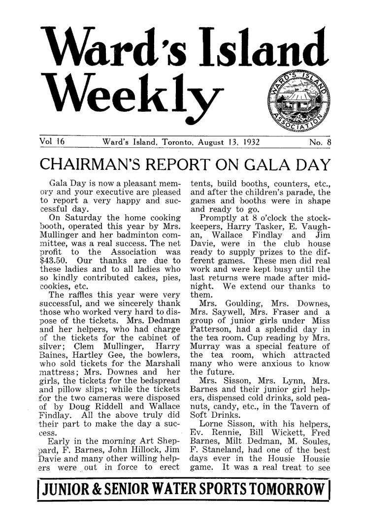 Ward's Island weekly, 1932-08-13