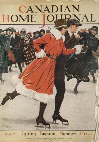 Magazine cover: A painting of many smiling people skating, the women in long dresses. In the fo…