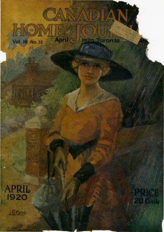 Magazine cover: A young woman in a large, dark sunhat and bright orange dress stands holding an…