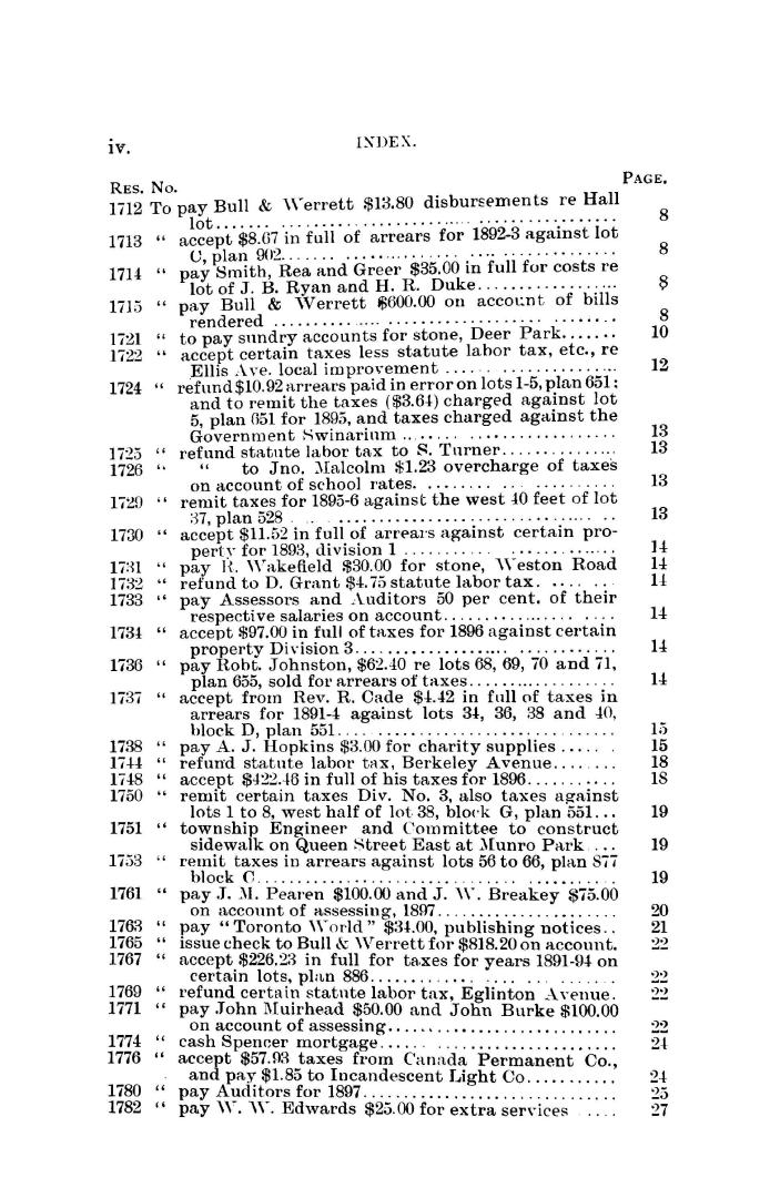 Image shows an index page of the Minutes of the Municipal Council of the Corporation of the Tow ...