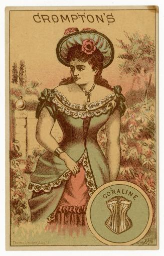 Illustration of a woman standing in a garden wearing a fancy dress with lace trimming and bows …