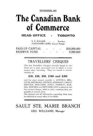 Title page is an advertisement for the Sault Ste. Marie branch of the Canadian Imperial Bank of…