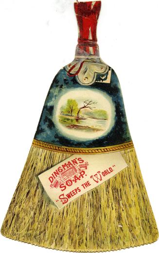 Card is shaped and illustrated to represent a hand broom. On the top part of the broom is an il…