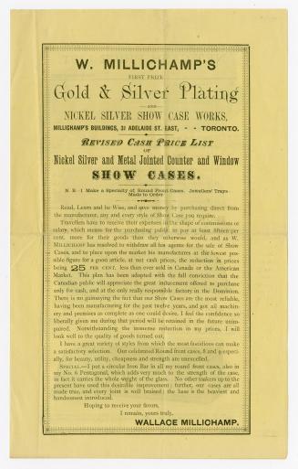 W. Millichamp's first prize gold and silver plating and nickel silver show case works, Millichamp's buildings, 31 Adelaide St. East, Toronto