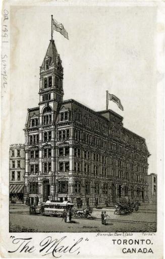 Illustration of the exterior of the Globe Newspaper building with people walking on the street,…