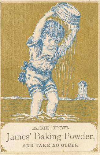 Illustration of a child standing in shallow water in a Victorian bathing costume. The child is …