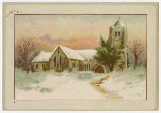 Illustration of a wintery scene with snow on the ground, bare trees and pink coloured sky. A ch…