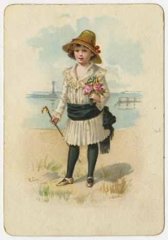 Illustration of a girl in a white pleated dress with lacey collar, dark green sash around her w…