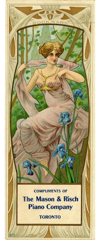 Art Nouveau style illustration of a women in a strapless, long, pink flowing dress with matchin…