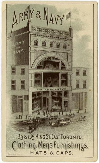 Illustration of the exterior of the Army & Navy clothing store. There are people walking on the…