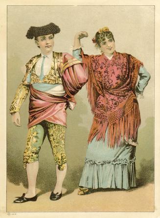 Illustration of a man and a woman. He is wearing a traditional Spanish bullfighter's uniform, a ...