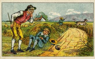 Illustration of a farm scene and the little boy blue nursery rhyme. Little boy blue is fast asl ...