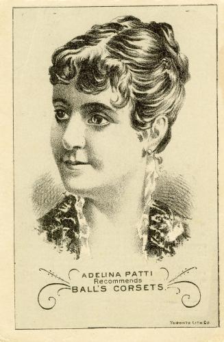 Portrait illustration of opera singer Adelina Patti. Her dark wavy hair is elegantly tied back.…