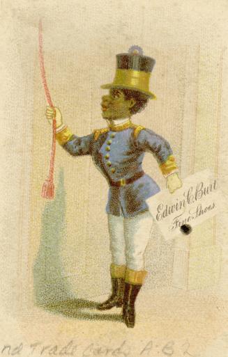 Illustration of a Black man wearing something resembling a lion tamer's outfit, with a tall top…