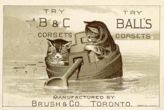 Illustration of two grey tabby kittens in a wooden bucket that is meant to resemble a row boat.…