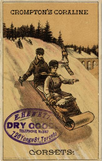 Illustration of a man and a woman tobogganing down a hill. There are trees at the top of the hi…