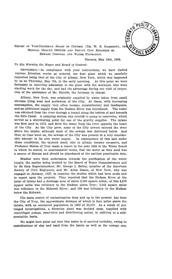 Report of vice-chairman Board of Control, the Medical Officer of Health and Deputy City Engineer re sewage disposal and water filtration