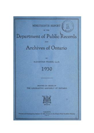 Report (Ontario. Department of Public Records and Archives), 1930