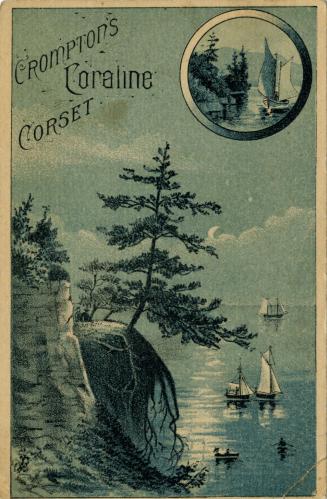 Illustration of a rocky cliff with pine trees overlooking a lake; there are several boats on th…